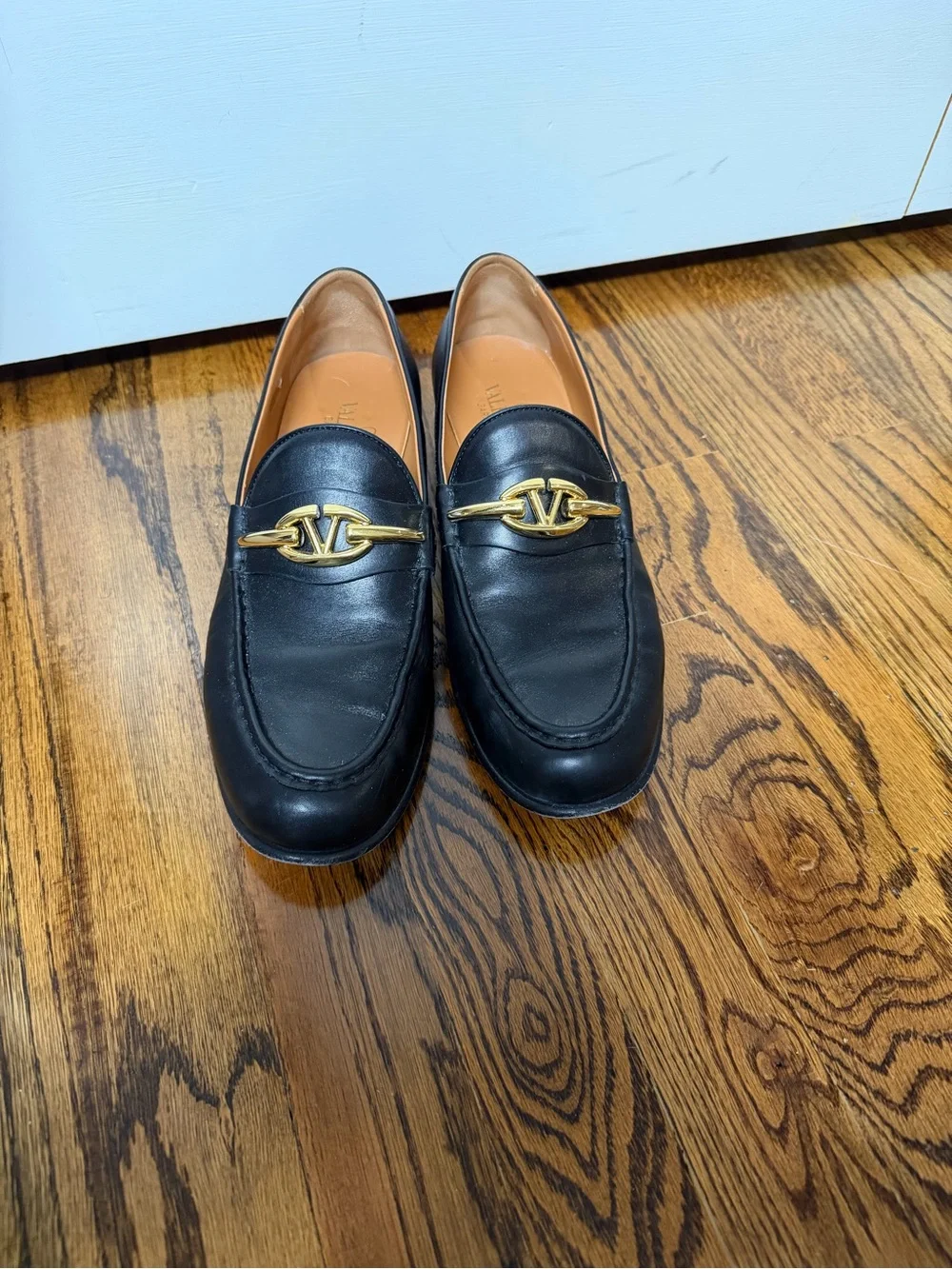 Valentino Black Leather Women’s Loafers with Gold Accent